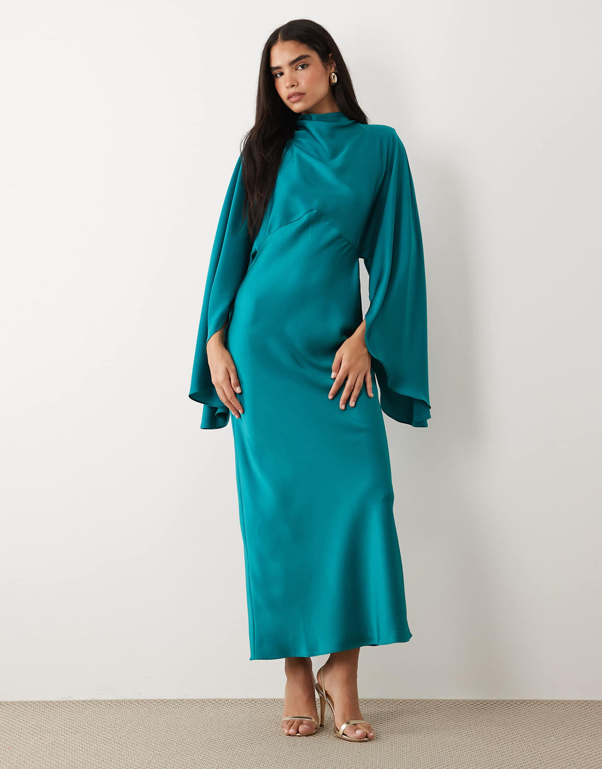 ASOS DESIGN funnel neck satin maxi dress with exaggerated sleeves in turquoise