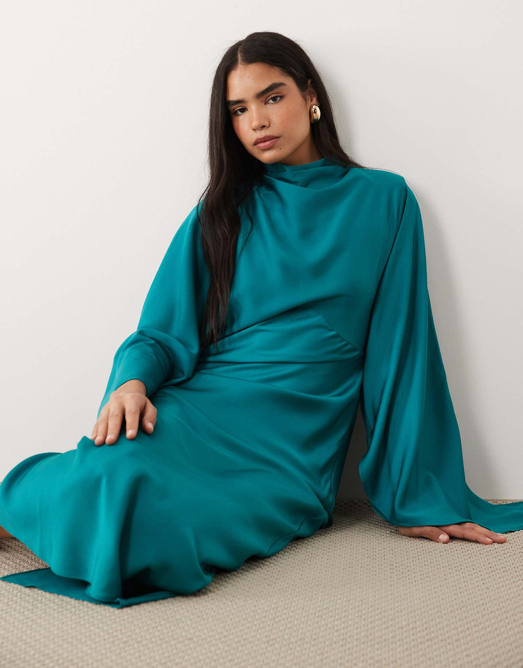 ASOS DESIGN funnel neck satin maxi dress with exaggerated sleeves in turquoise