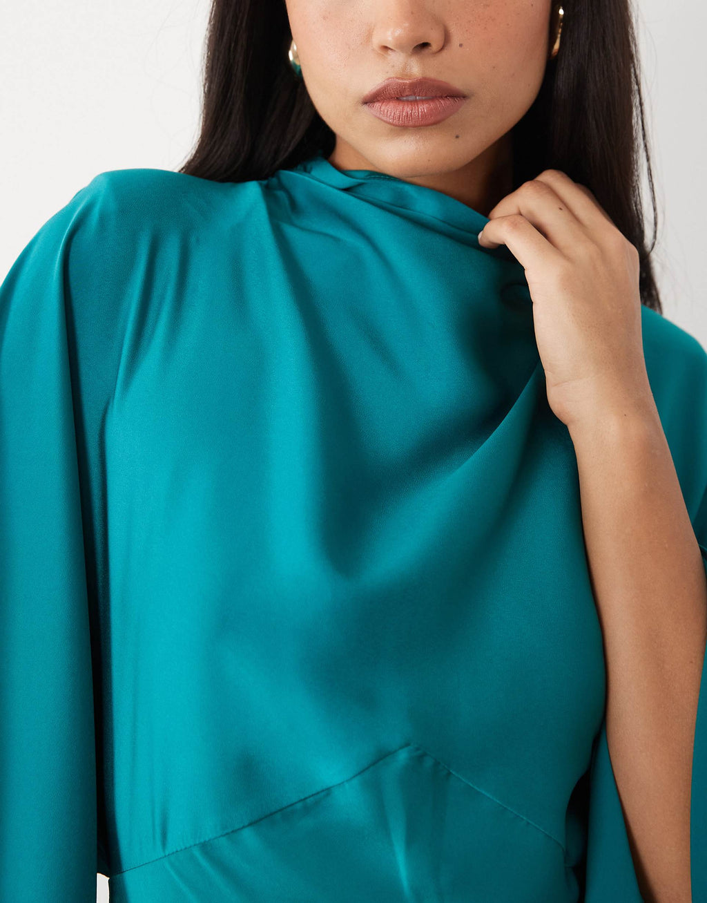 ASOS DESIGN funnel neck satin maxi dress with exaggerated sleeves in turquoise
