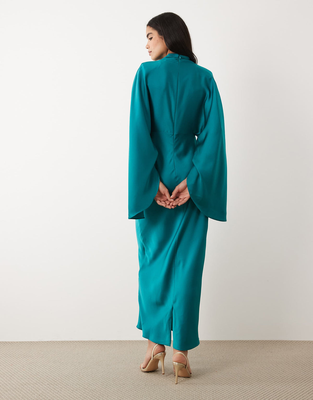 ASOS DESIGN funnel neck satin maxi dress with exaggerated sleeves in turquoise