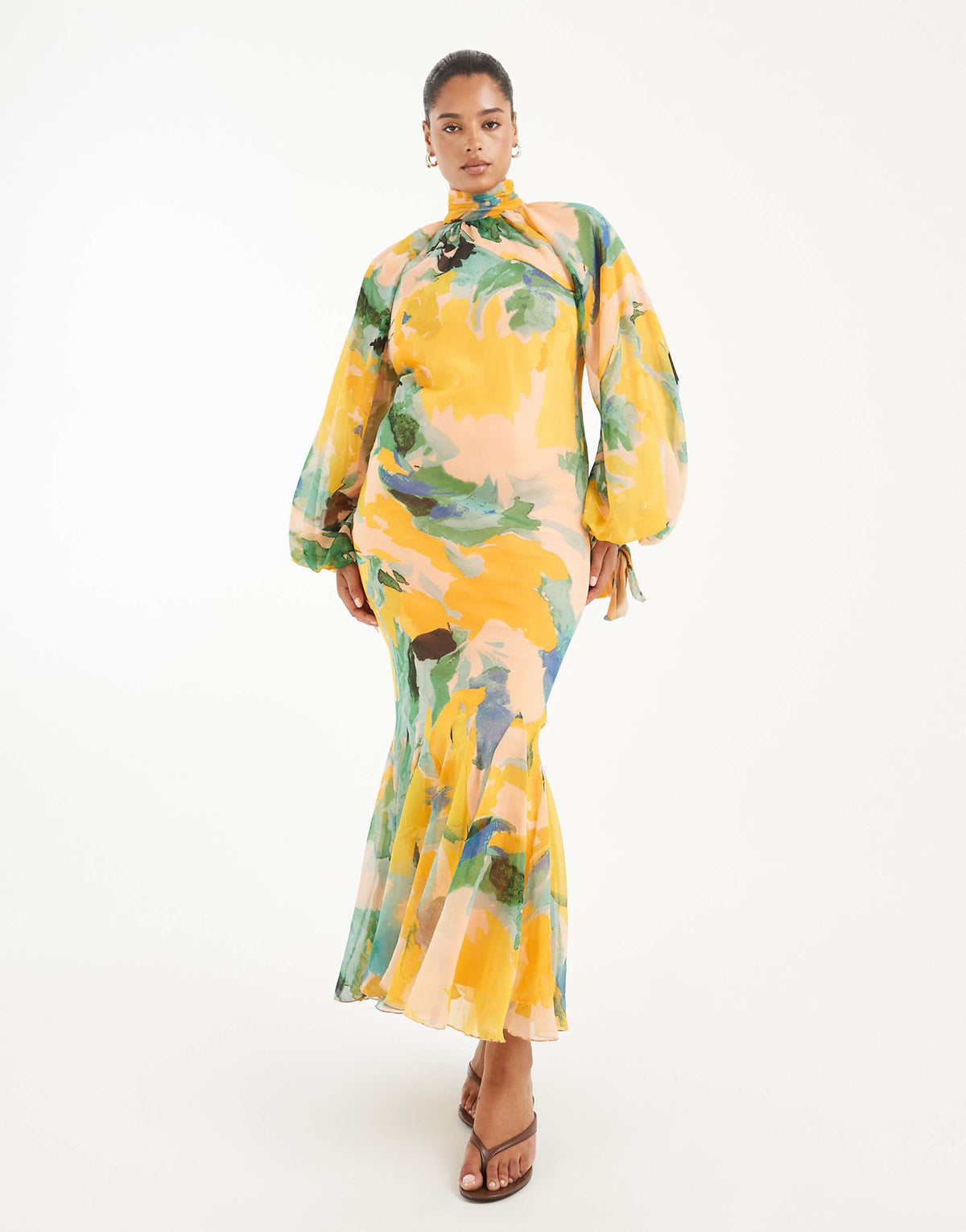 ASOS DESIGN Curve high neck maxi dress with godet hem in green floral print