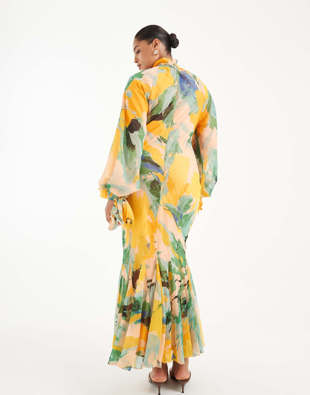 ASOS DESIGN Curve high neck maxi dress with godet hem in green floral print