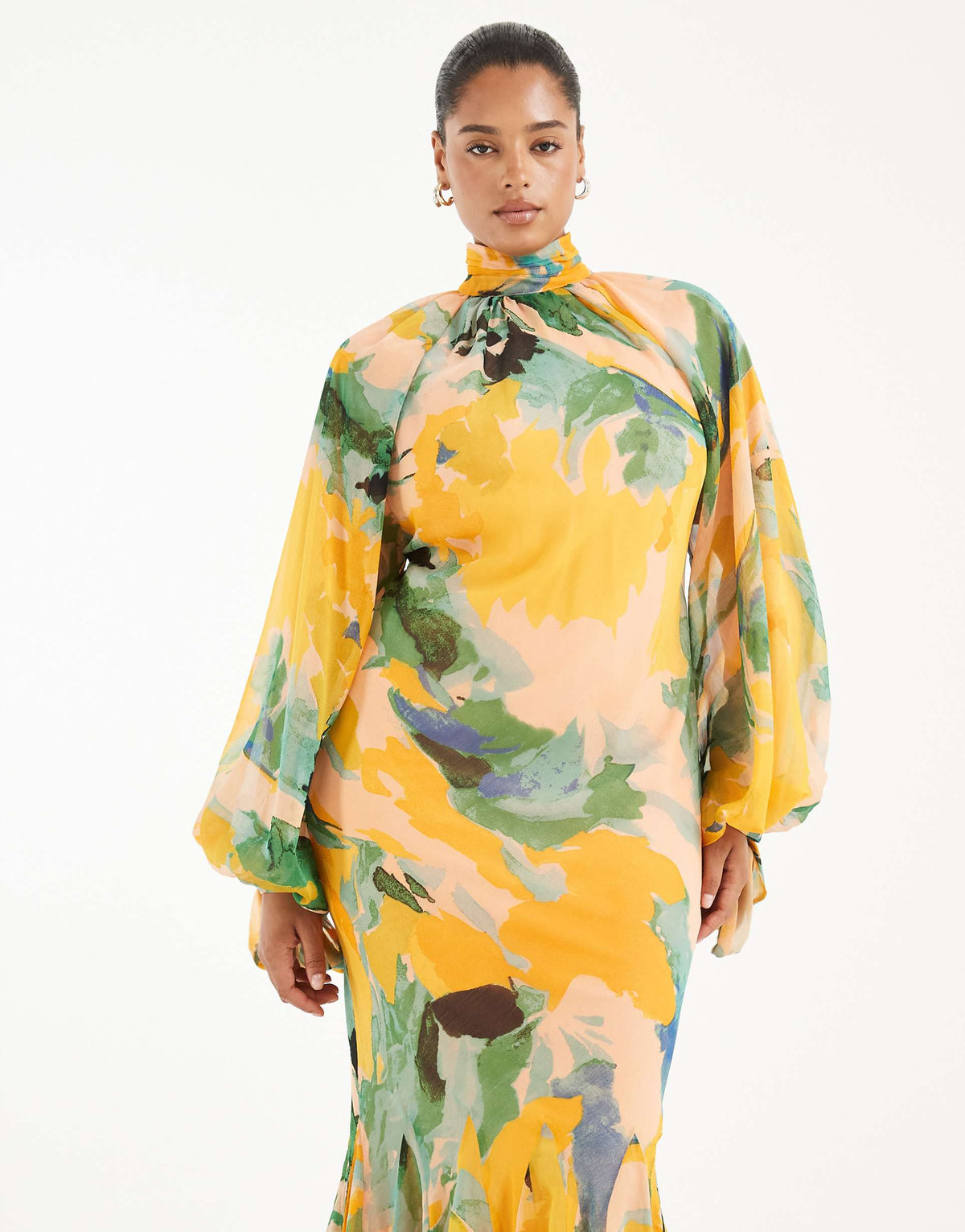 ASOS DESIGN Curve high neck maxi dress with godet hem in green floral print