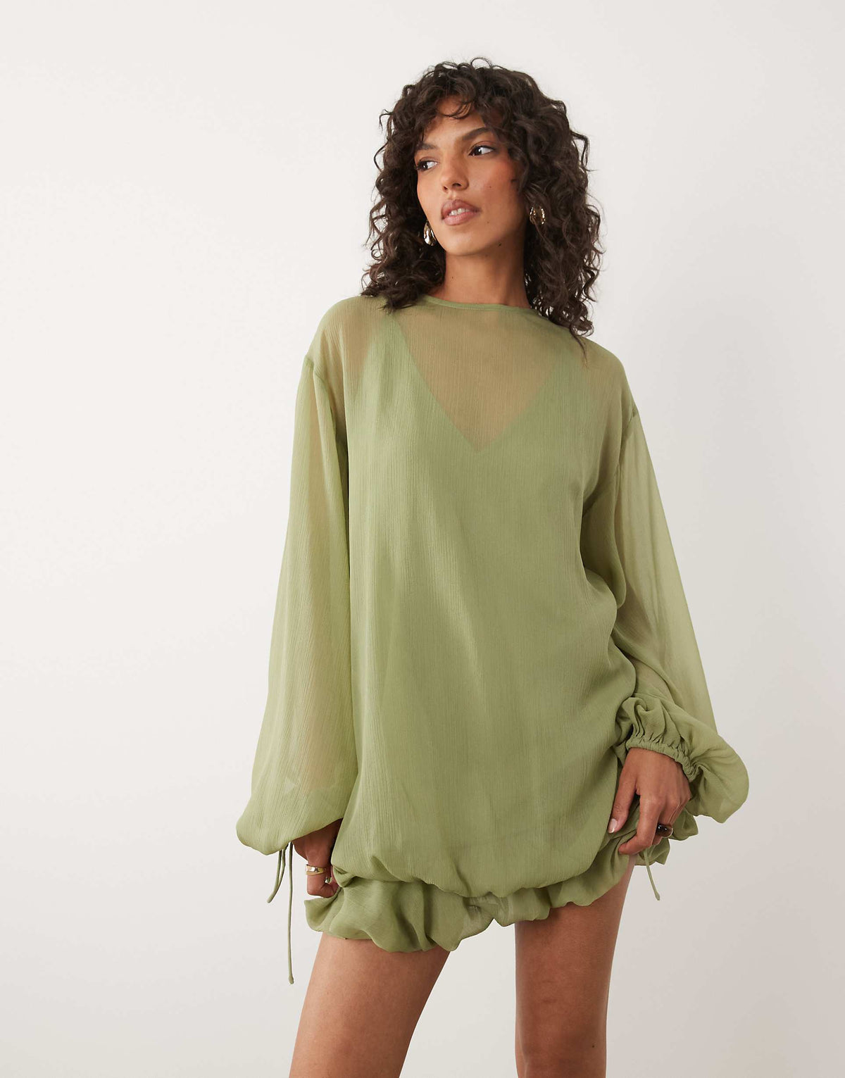 ASOS DESIGN high neck chiffon mini dress with blouson waist in sage