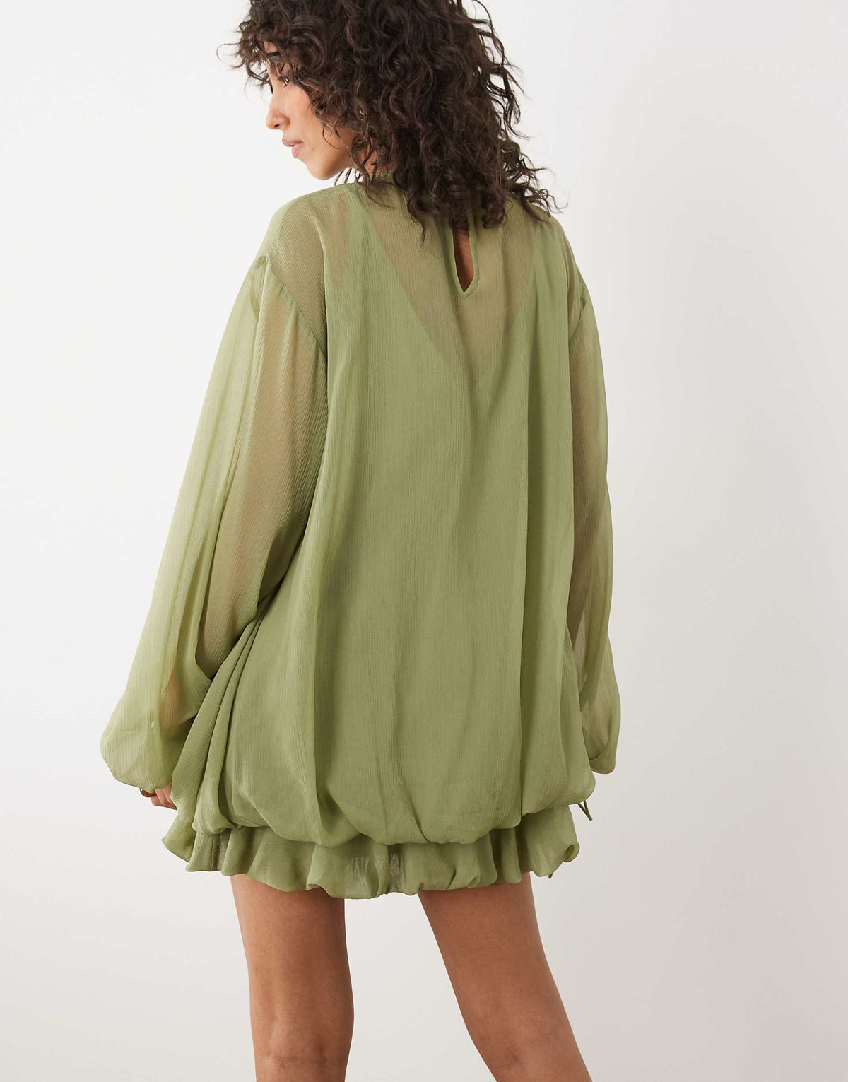 ASOS DESIGN high neck chiffon mini dress with blouson waist in sage