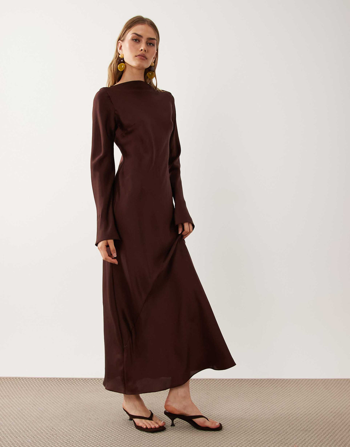 ASOS DESIGN satin long sleeve maxi dress in chocolate