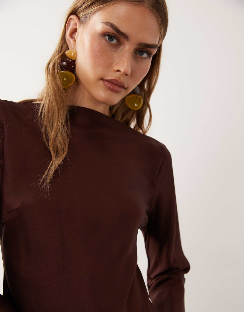 ASOS DESIGN satin long sleeve maxi dress in chocolate