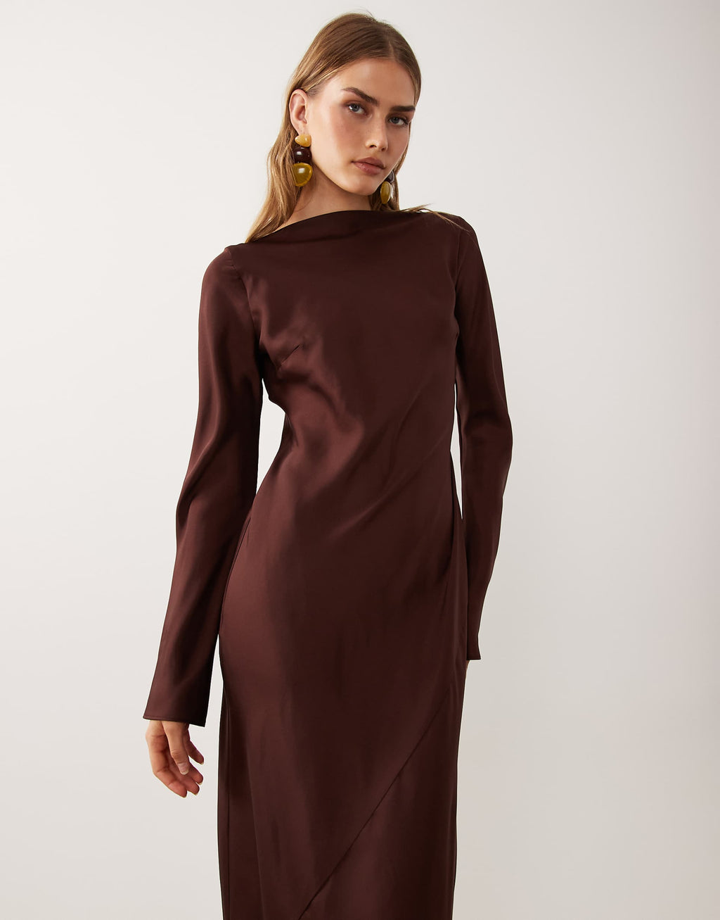 ASOS DESIGN satin long sleeve maxi dress in chocolate