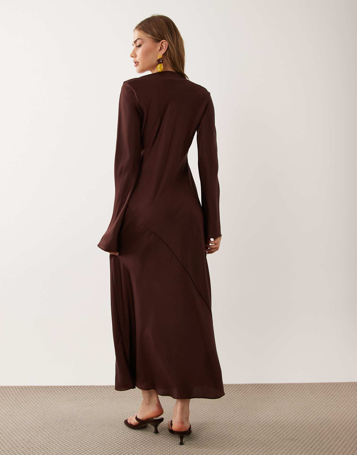 ASOS DESIGN satin long sleeve maxi dress in chocolate