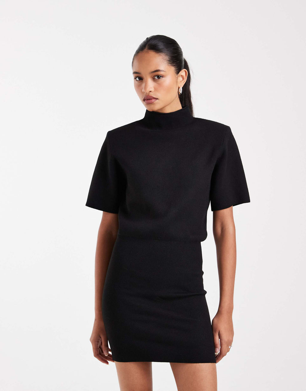 ASOS DESIGN shoulder pads short sleeve ruched dress in black