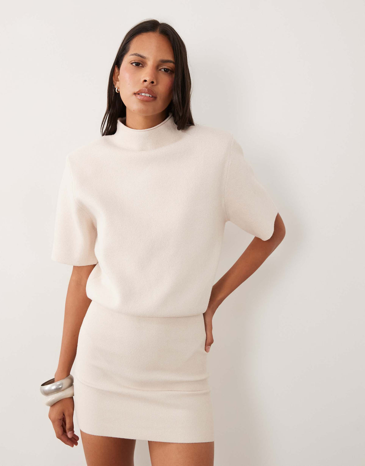 ASOS DESIGN shoulder pads short sleeve ruched dress in cream