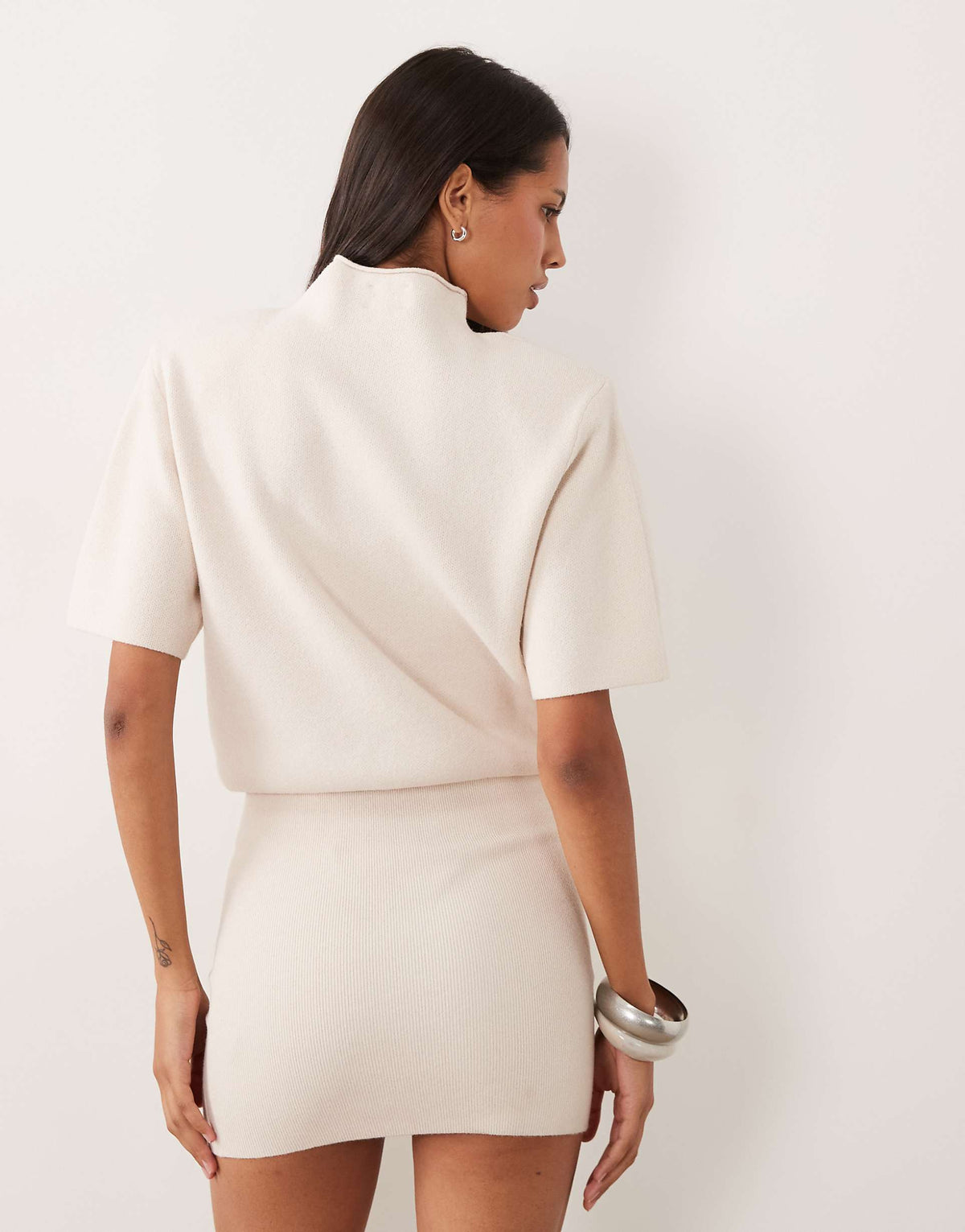 ASOS DESIGN shoulder pads short sleeve ruched dress in cream