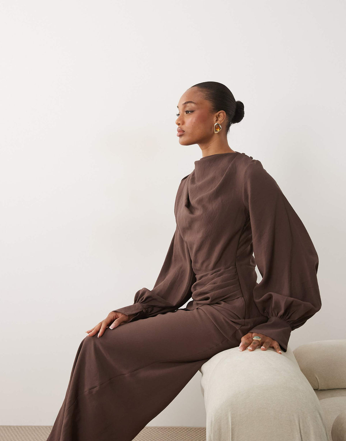 ASOS DESIGN Tall high neck drape maxi dress with drape skirt in brown