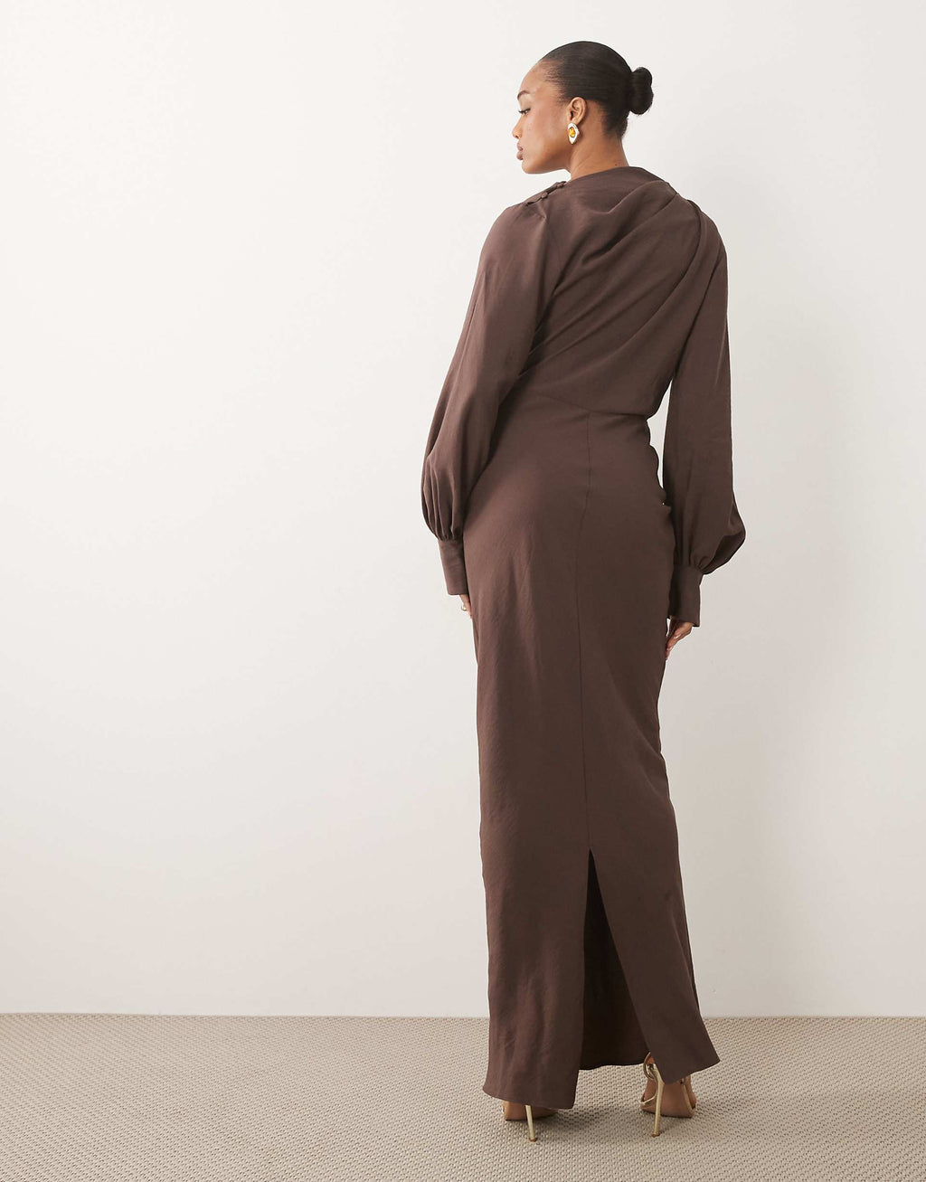 ASOS DESIGN Tall high neck drape maxi dress with drape skirt in brown