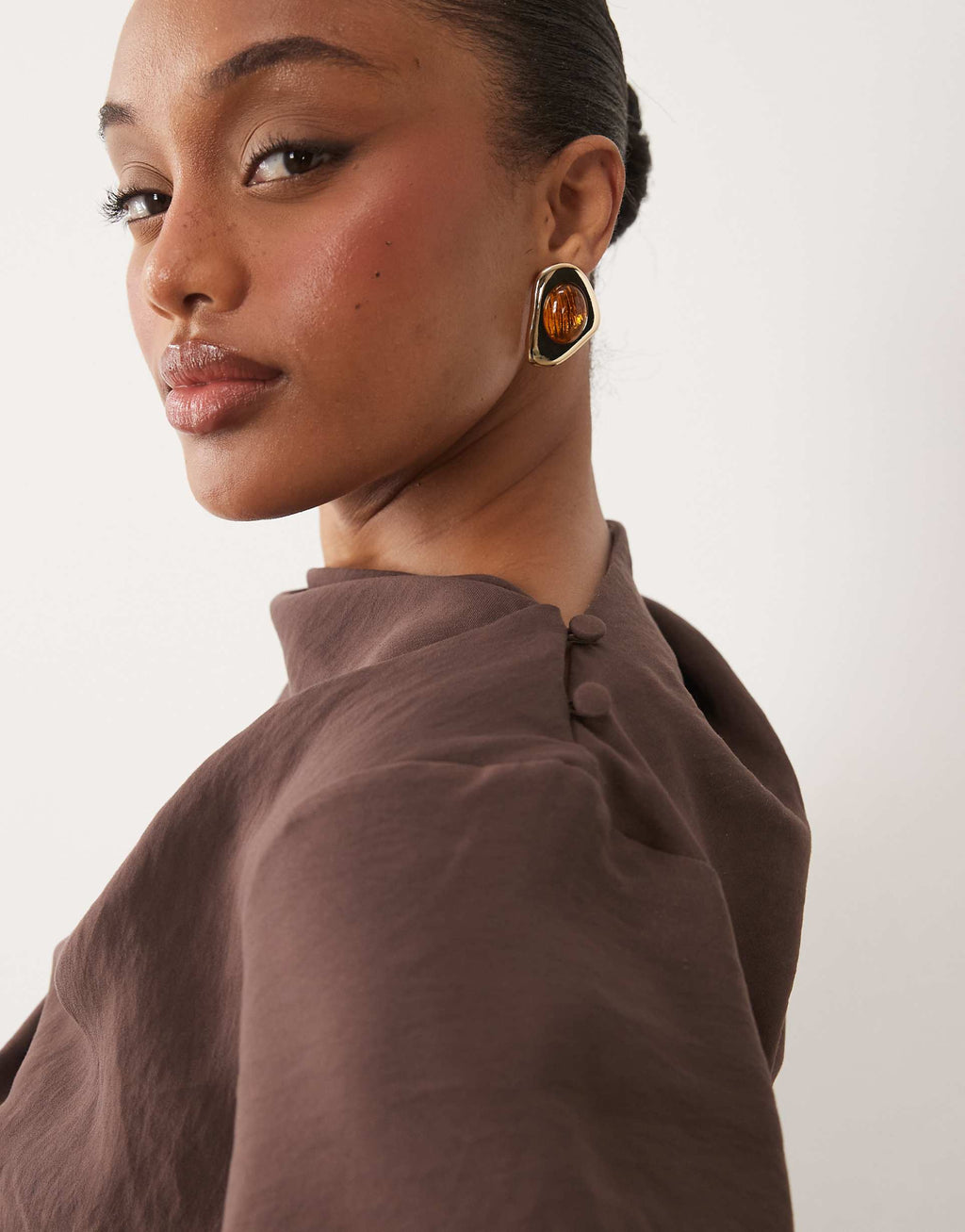 ASOS DESIGN Tall high neck drape maxi dress with drape skirt in brown