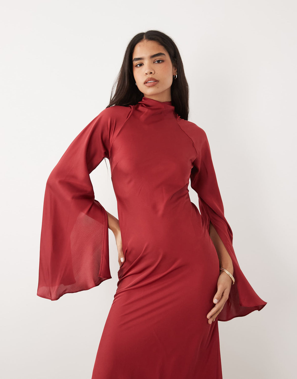 ASOS DESIGN satin maxi dress with split sleeve and scarf detail in plum