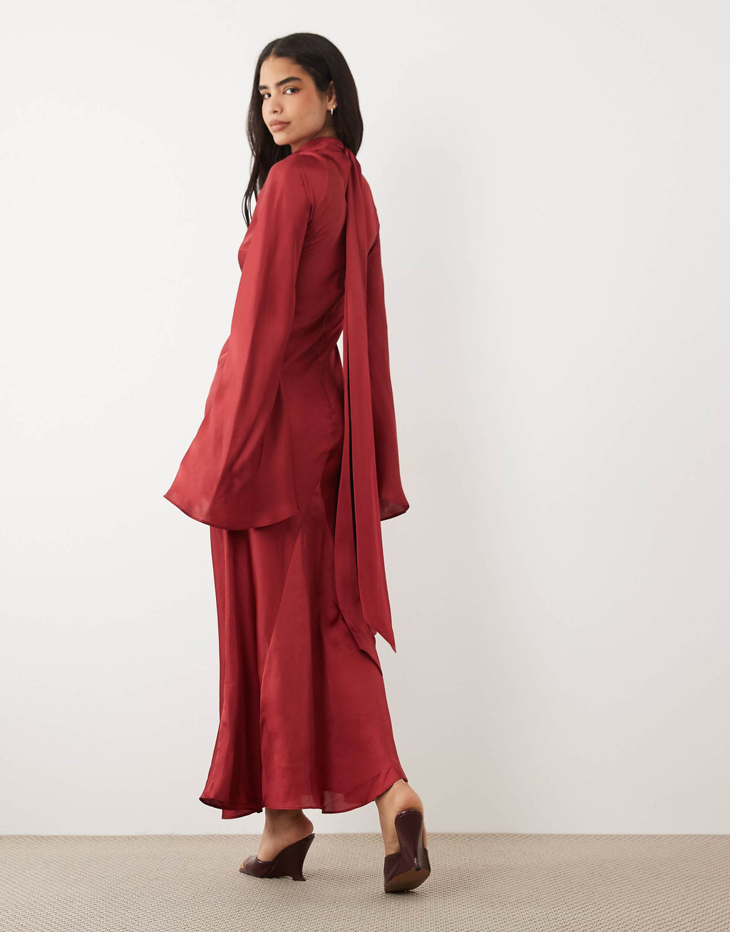 ASOS DESIGN satin maxi dress with split sleeve and scarf detail in plum