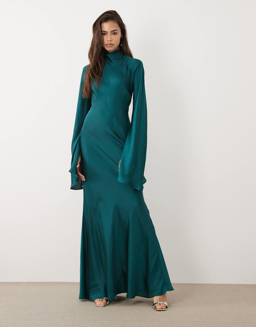 ASOS DESIGN Tall satin maxi dress with split sleeve and scarf detail in teal