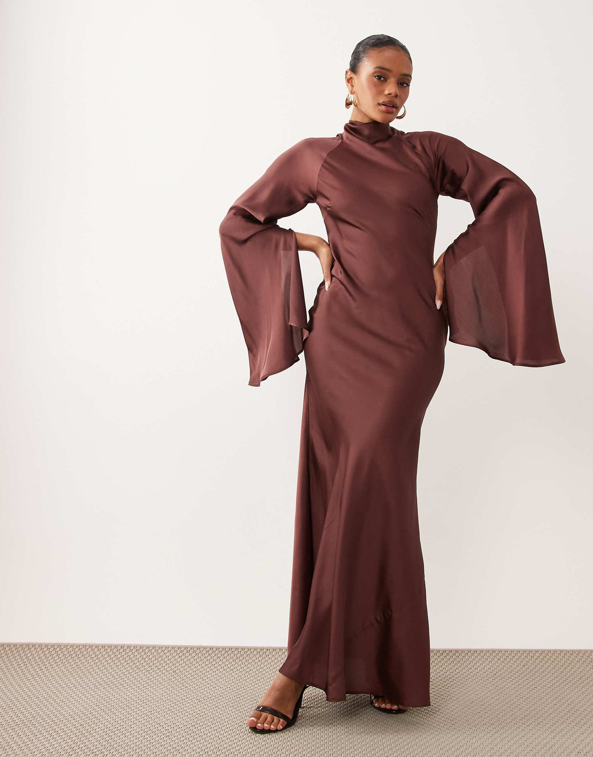 ASOS DESIGN satin maxi dress with split sleeve and scarf detail in Brown