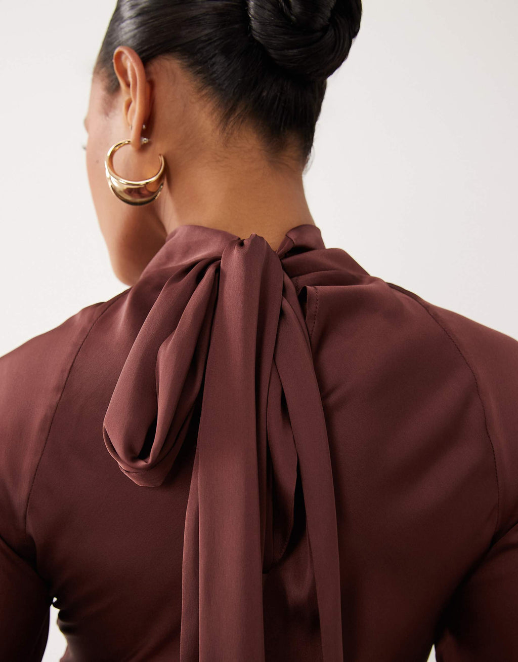 ASOS DESIGN satin maxi dress with split sleeve and scarf detail in Brown