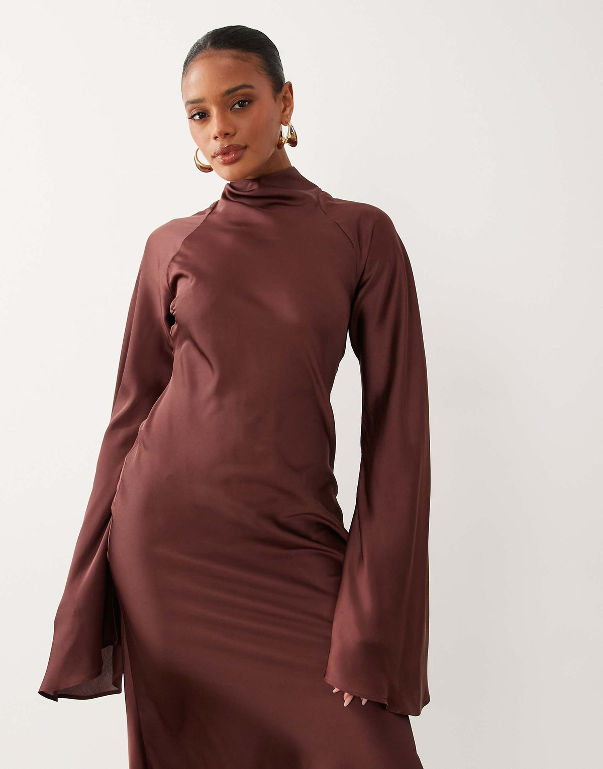 ASOS DESIGN satin maxi dress with split sleeve and scarf detail in Brown