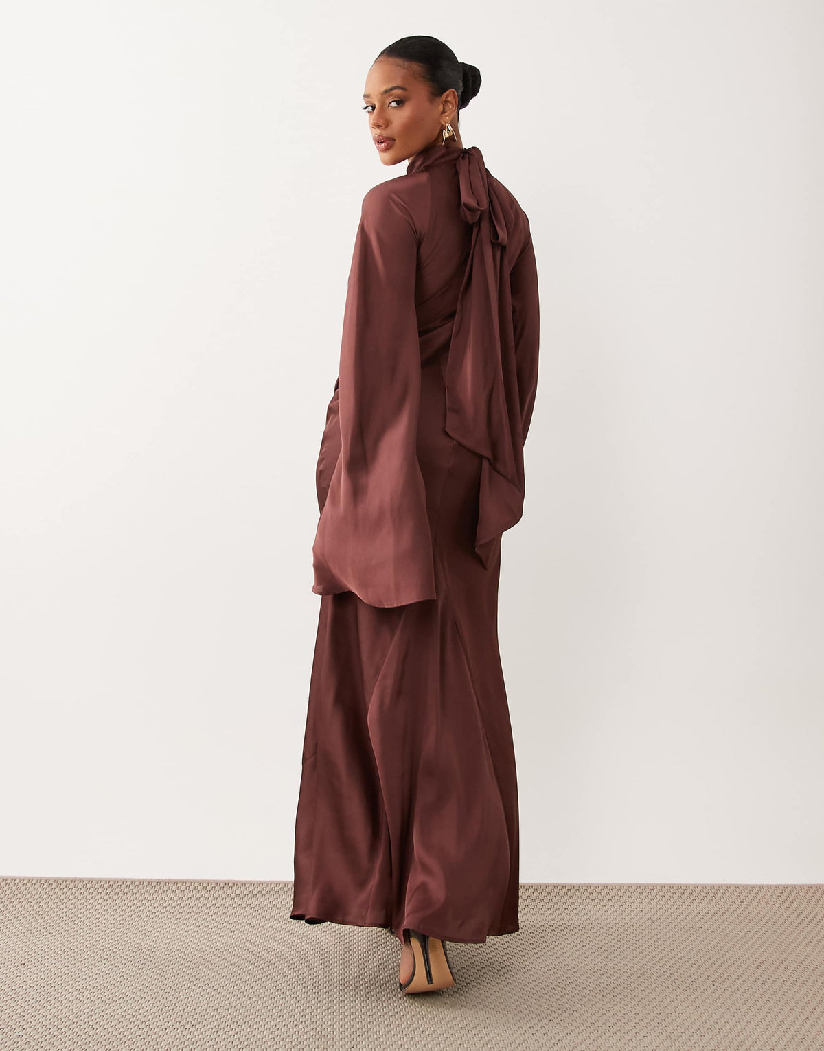 ASOS DESIGN satin maxi dress with split sleeve and scarf detail in Brown