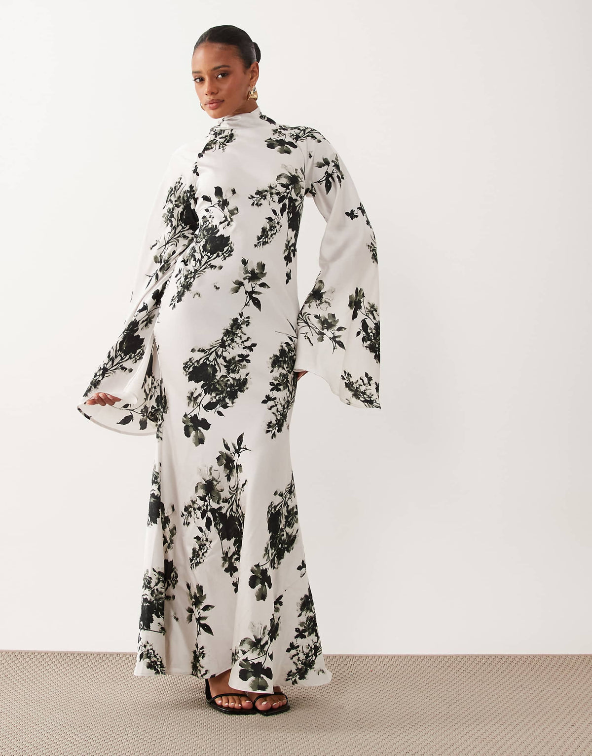 ASOS DESIGN satin maxi dress with split sleeve and scarf detail in mono floral print