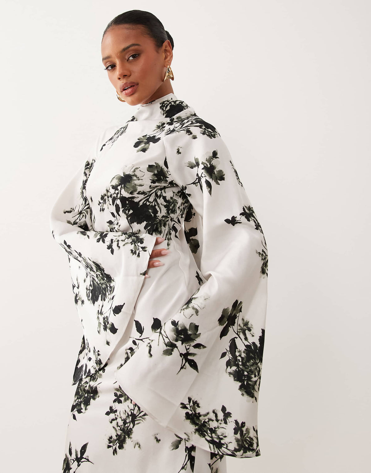 ASOS DESIGN satin maxi dress with split sleeve and scarf detail in mono floral print