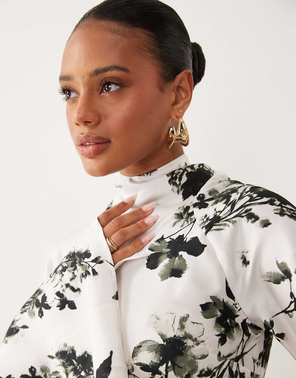ASOS DESIGN satin maxi dress with split sleeve and scarf detail in mono floral print