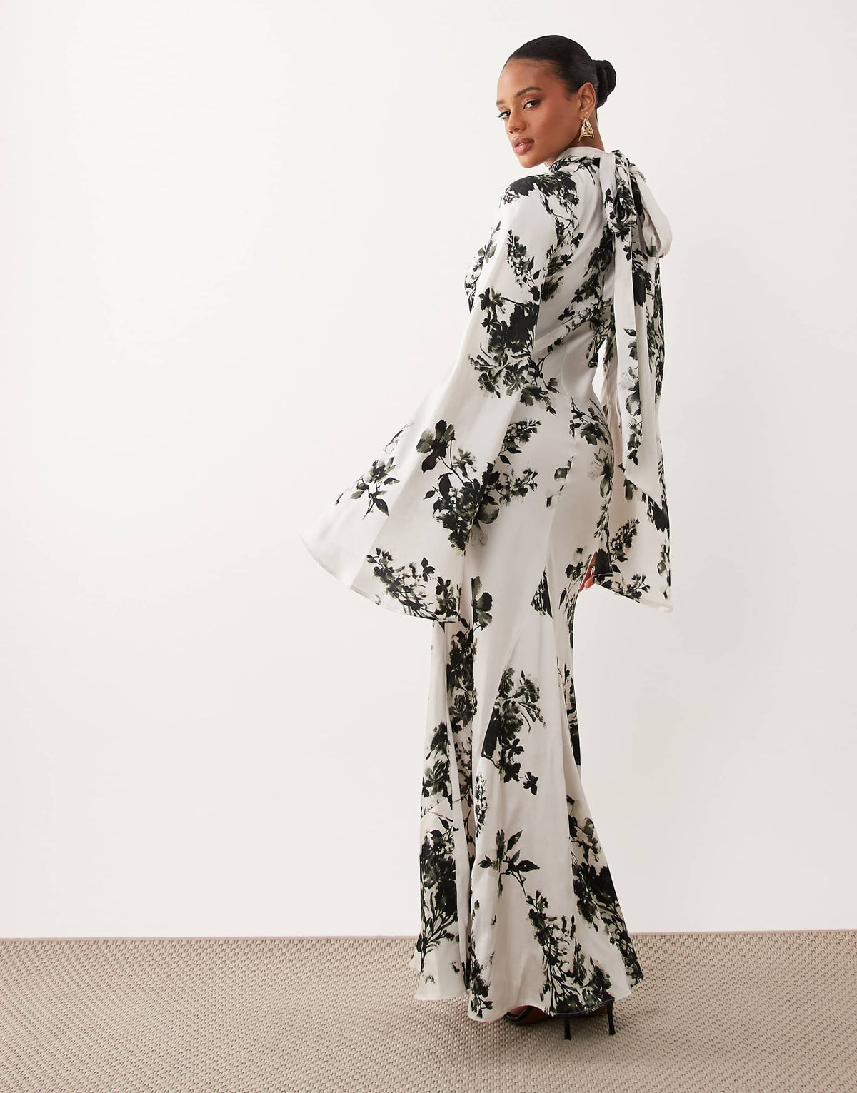 ASOS DESIGN satin maxi dress with split sleeve and scarf detail in mono floral print