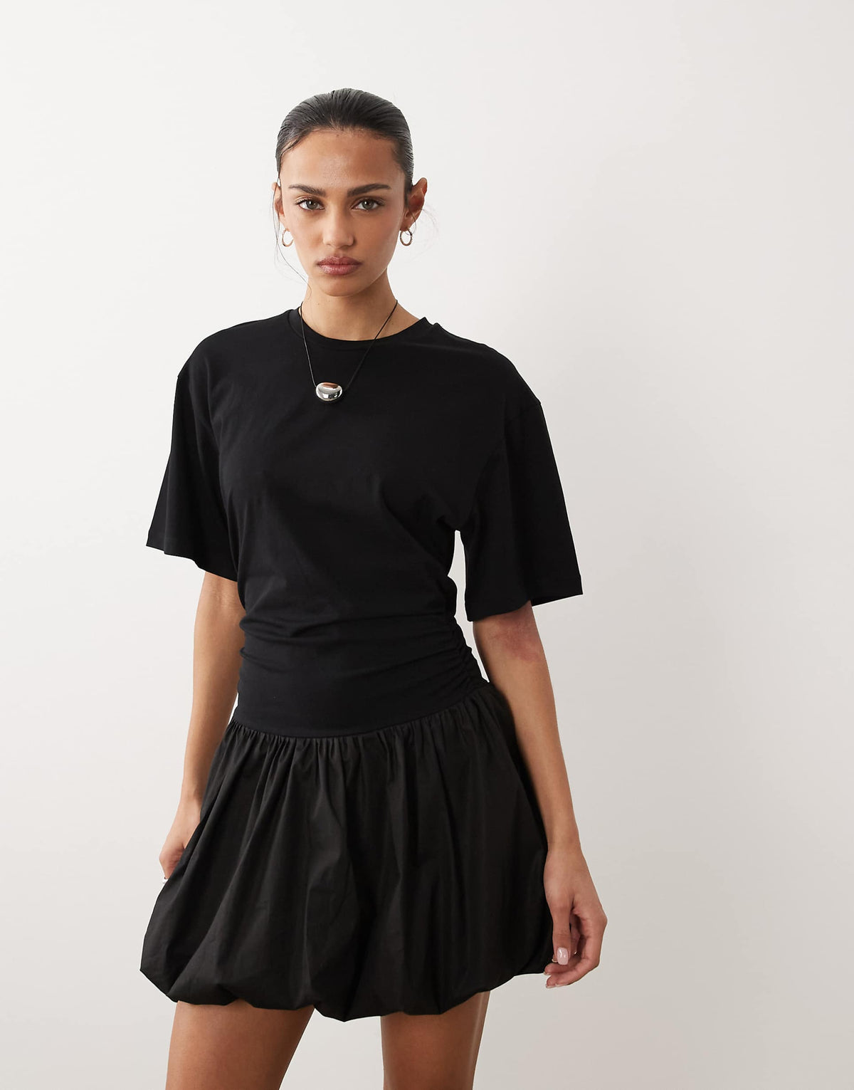 ASOS DESIGN cinched waist bubble hem mini dress in black