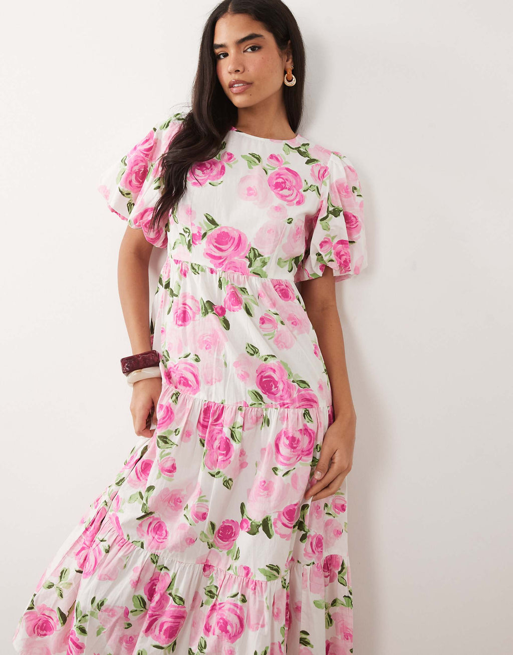 YAS puff sleeve tiered hem maxi dress in pink rose print