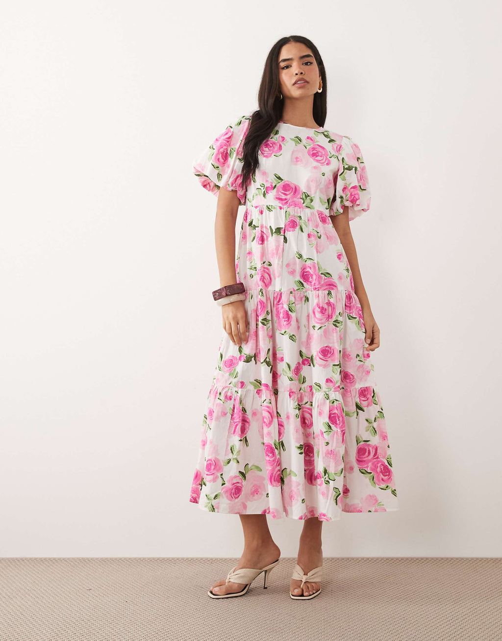 YAS puff sleeve tiered hem maxi dress in pink rose print