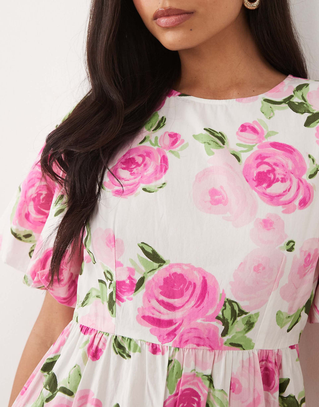YAS puff sleeve tiered hem maxi dress in pink rose print