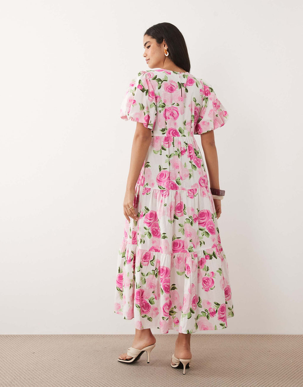 YAS puff sleeve tiered hem maxi dress in pink rose print
