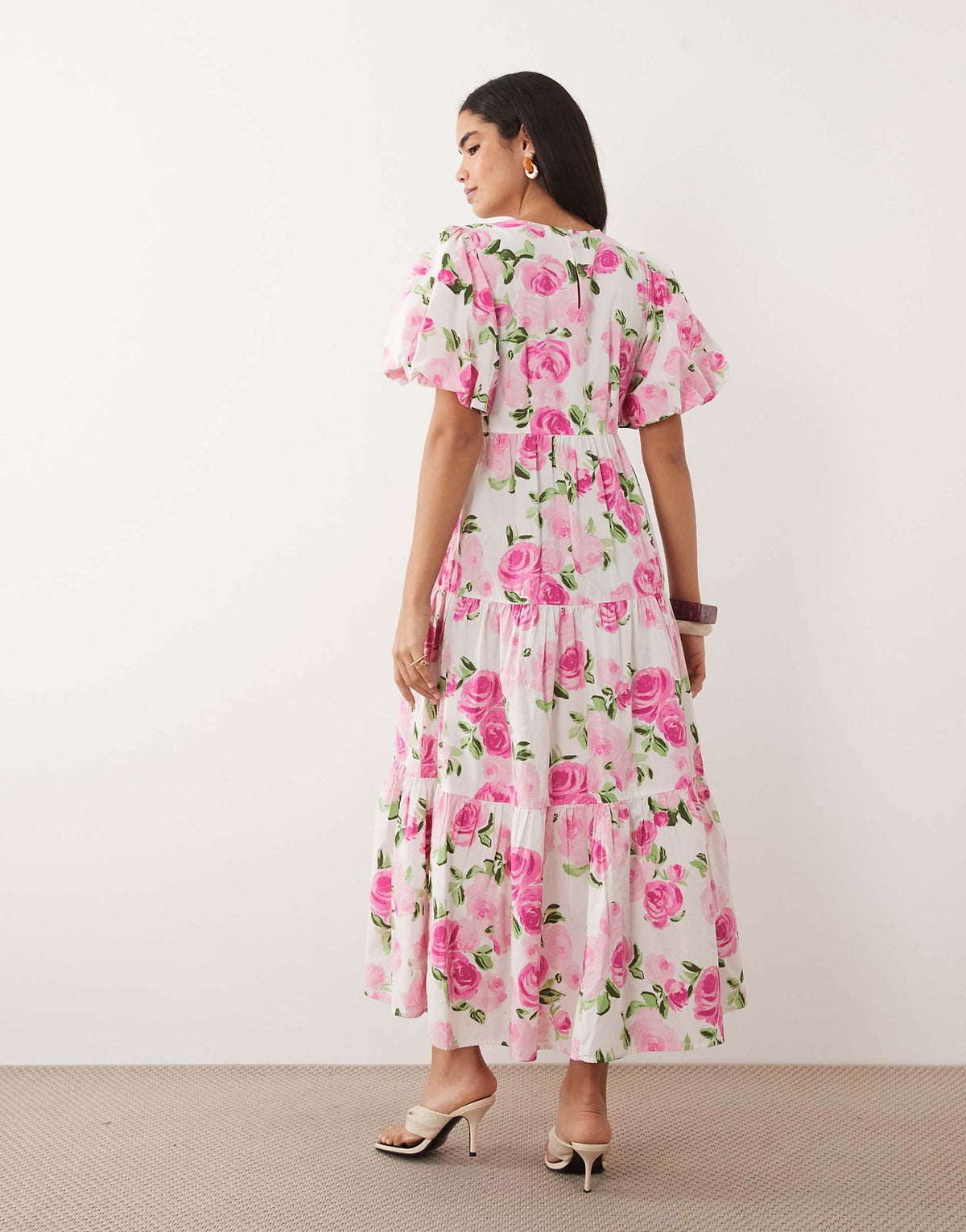 YAS puff sleeve tiered hem maxi dress in pink rose print
