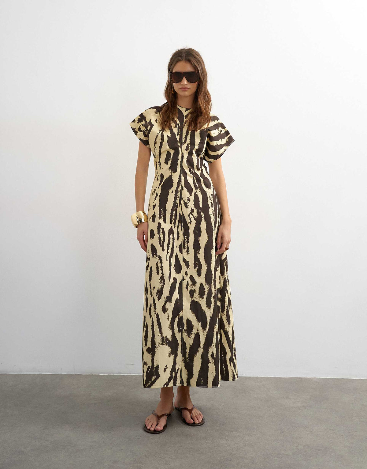 Topshop cotton twill structured drop shoulder maxi dress in mono animal print