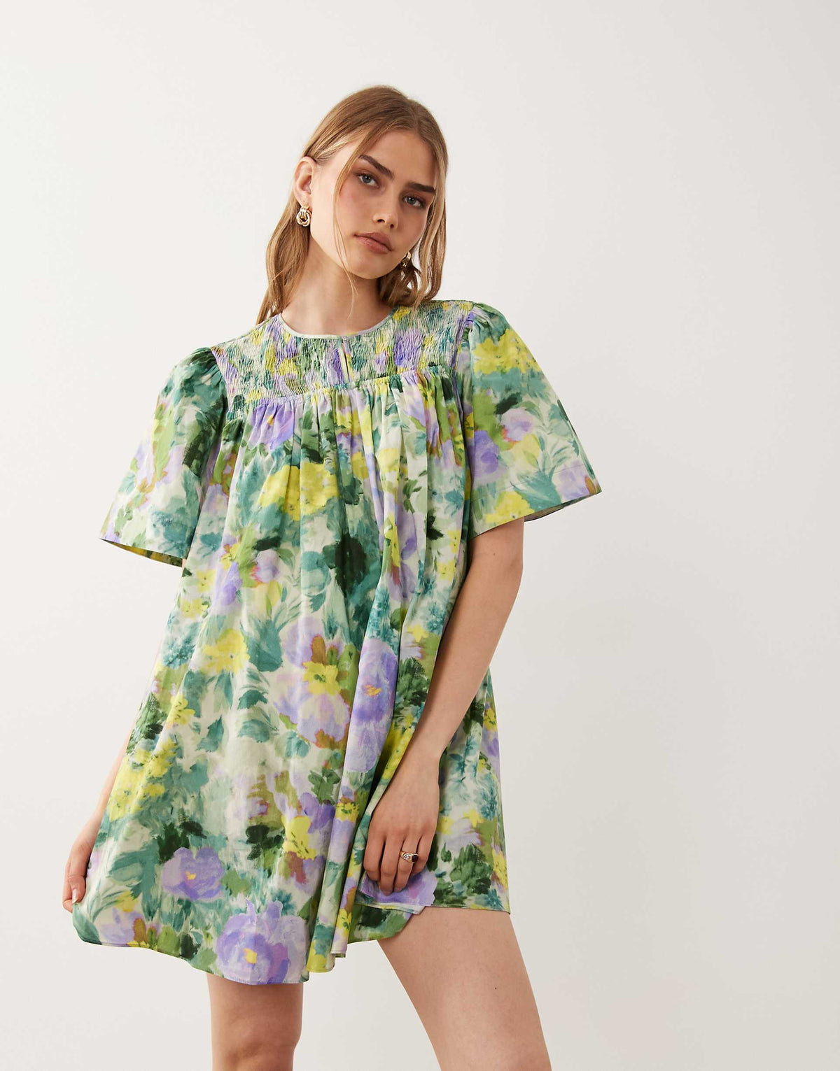 ASOS DESIGN crew neck shirred smock mini dress in green floral print