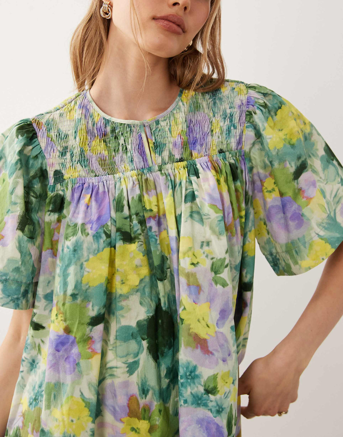 ASOS DESIGN crew neck shirred smock mini dress in green floral print