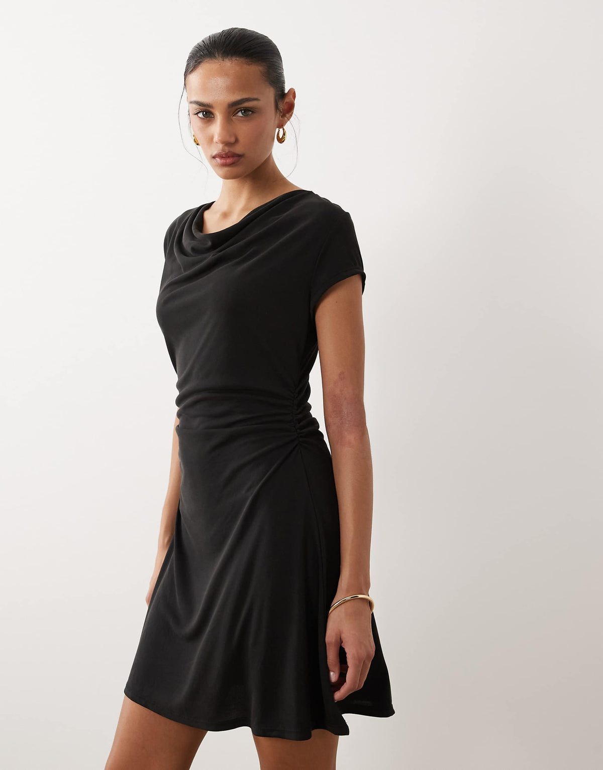 ASOS DESIGN cowl neck short sleeve with ruching modal mini dress in black