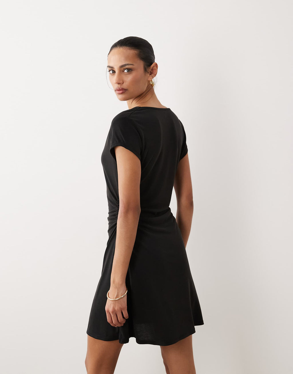 ASOS DESIGN cowl neck short sleeve with ruching modal mini dress in black