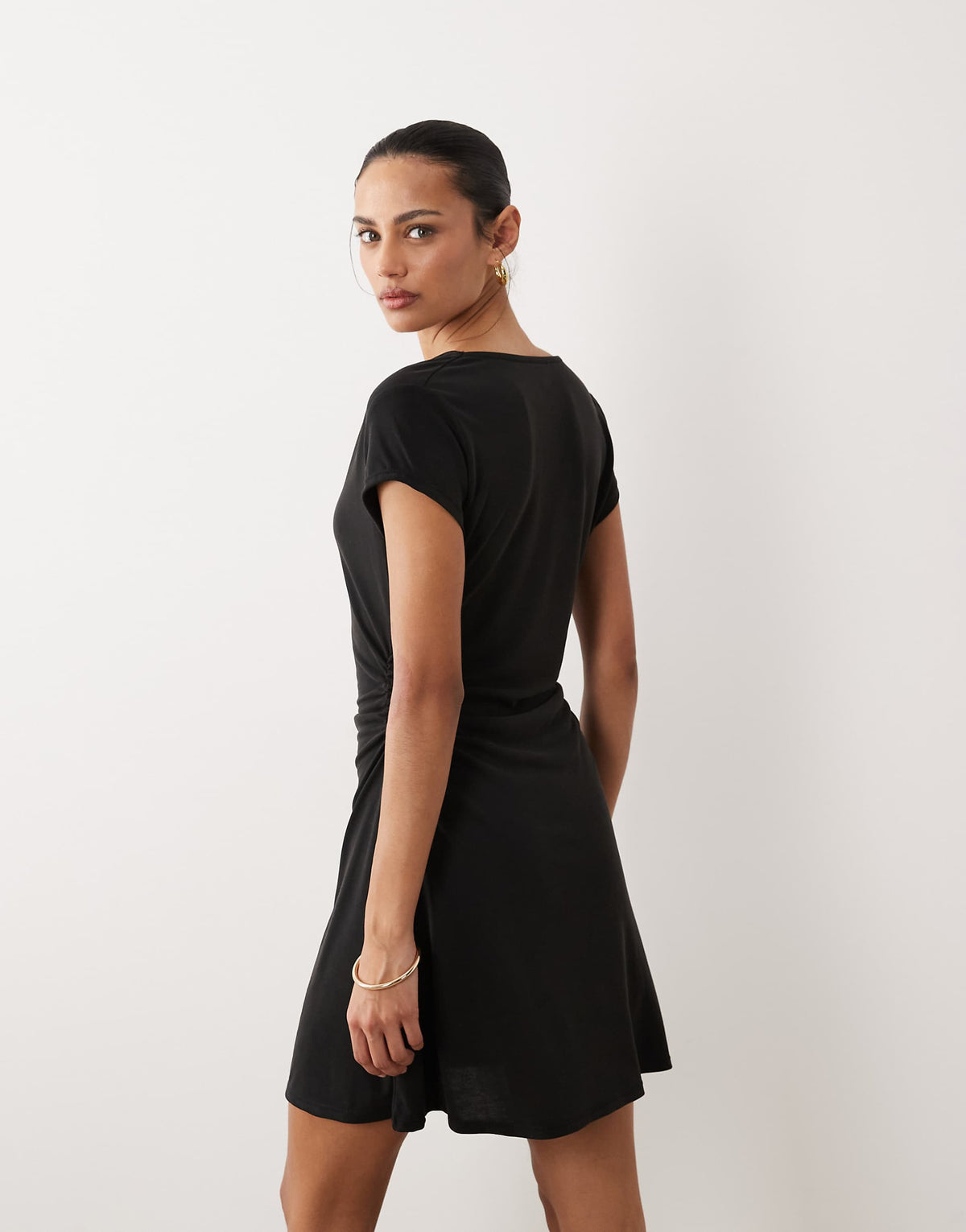 ASOS DESIGN cowl neck short sleeve with ruching modal mini dress in black