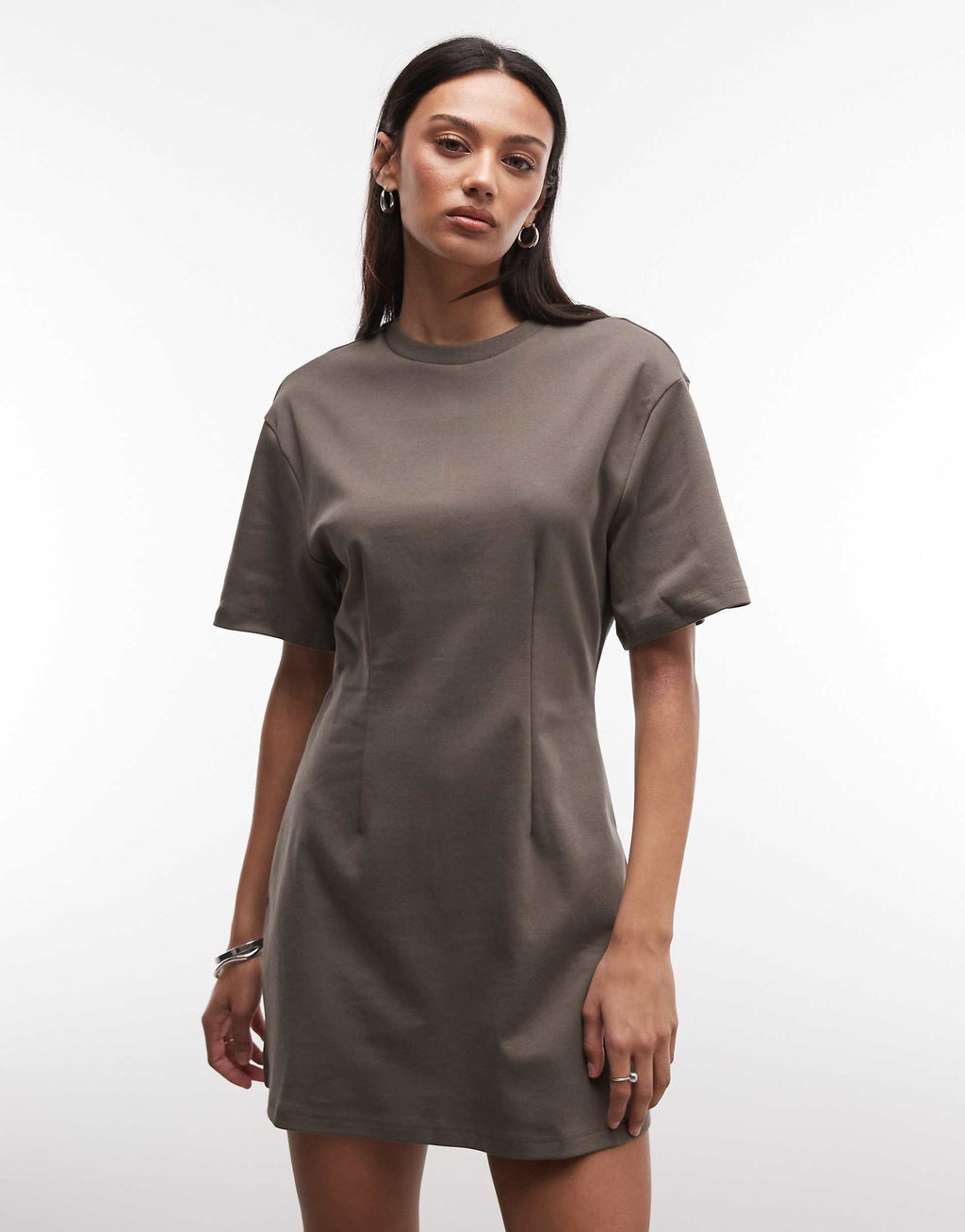 Monki cinched waist T-shirt mini dress in khaki brown