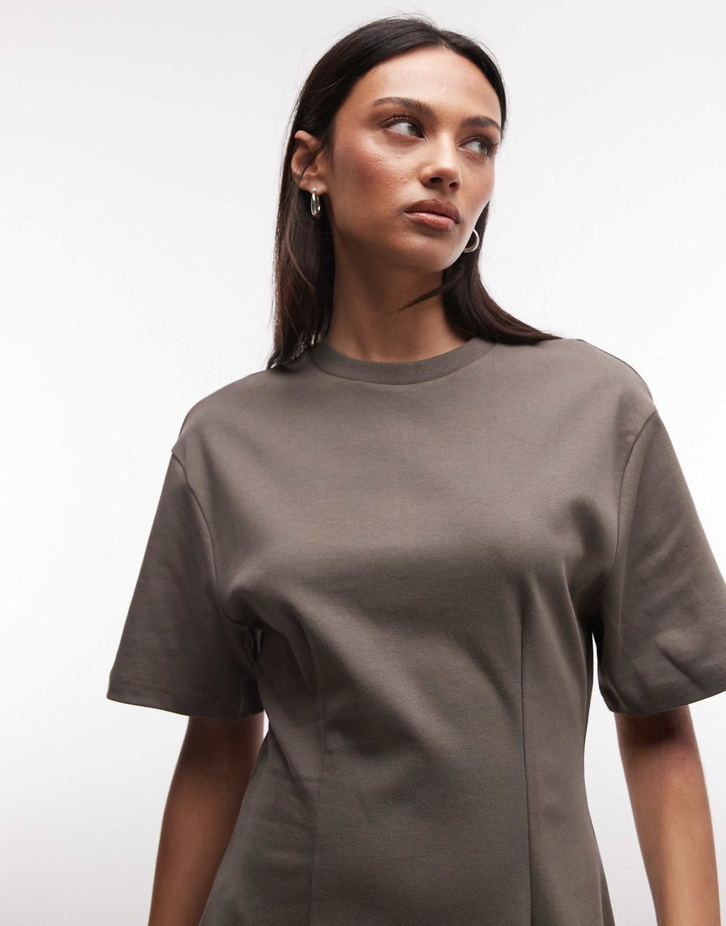 Monki cinched waist T-shirt mini dress in khaki brown