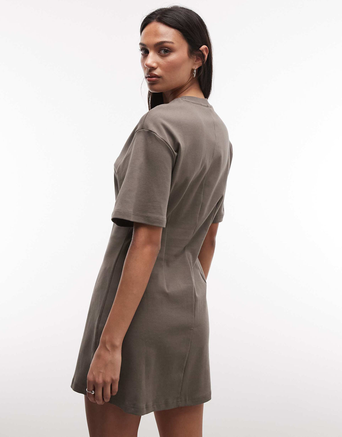 Monki cinched waist T-shirt mini dress in khaki brown