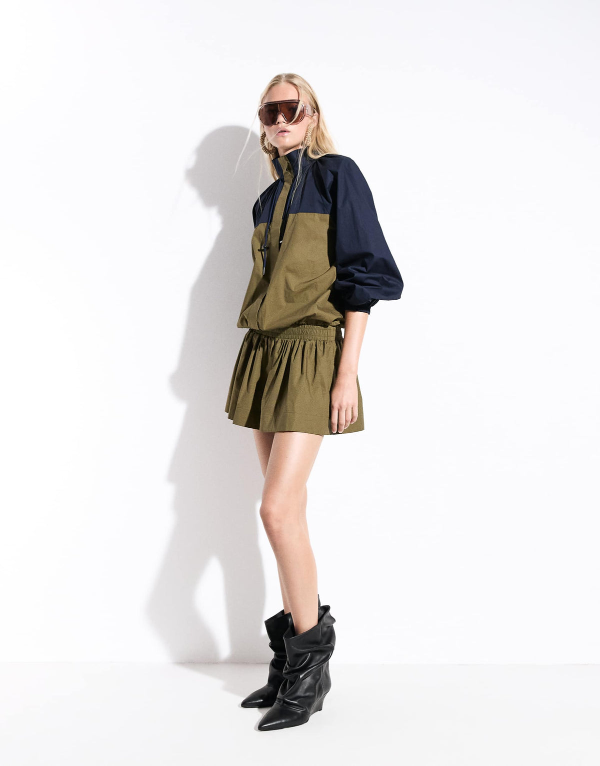 ASOS DESIGN ruffle neck mini track dress in navy and olive color block