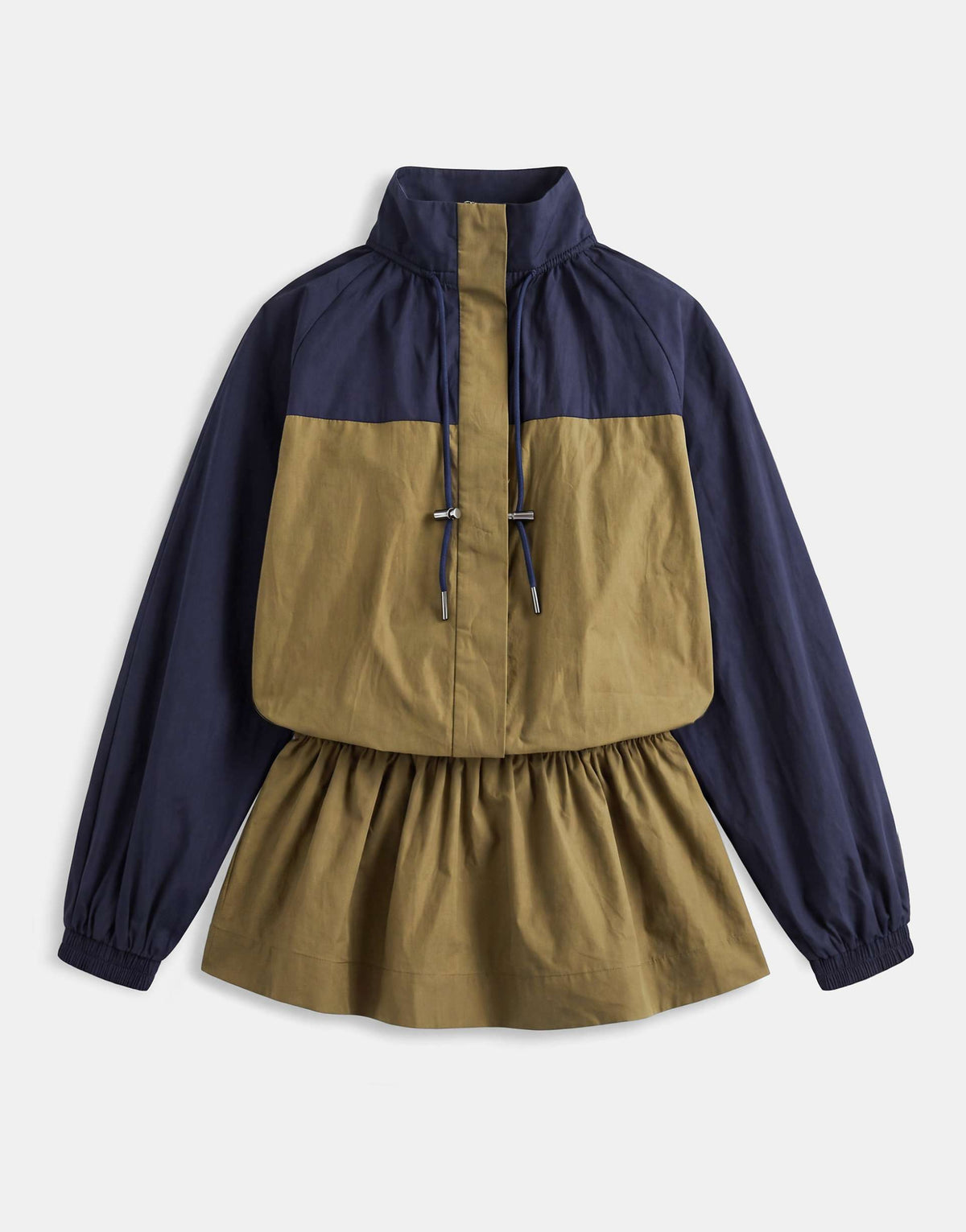 ASOS DESIGN ruffle neck mini track dress in navy and olive color block
