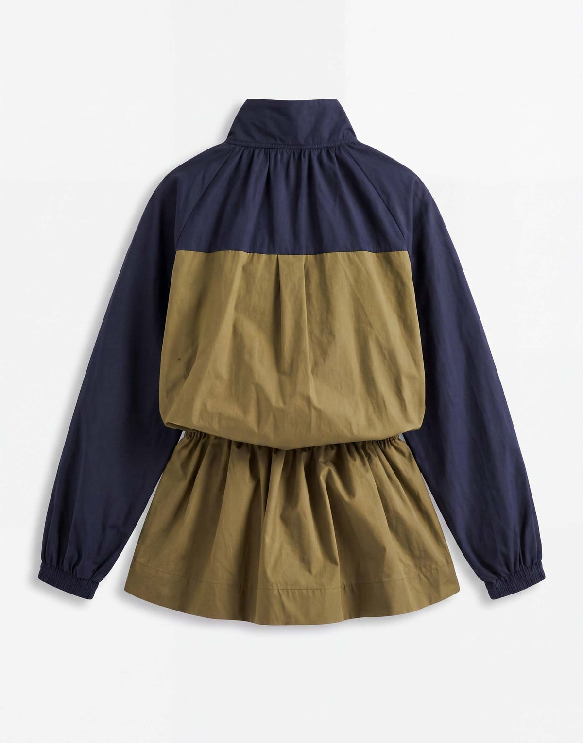 ASOS DESIGN ruffle neck mini track dress in navy and olive color block