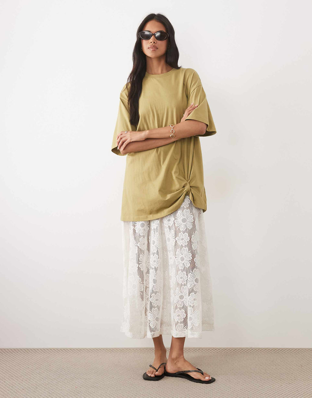 ASOS DESIGN oversized graphic tee with lace cami underdress in green