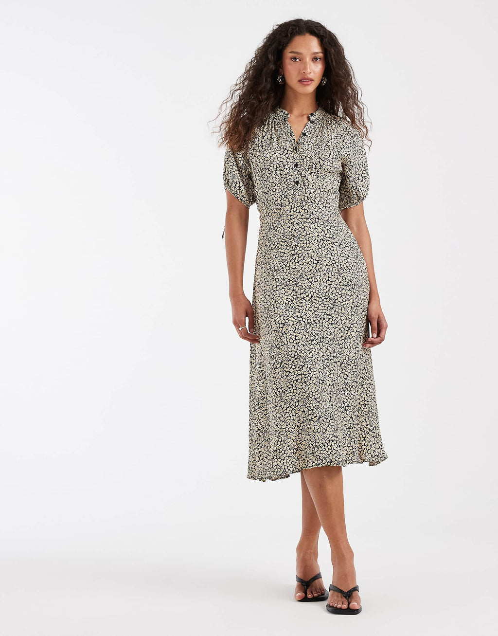 & Other Stories button up floral printed midi dress in black